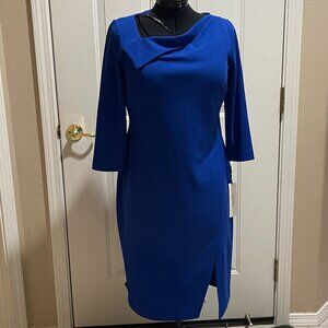 Calvin Klein, Royal Blue, fold over neck, front slit sheath dress